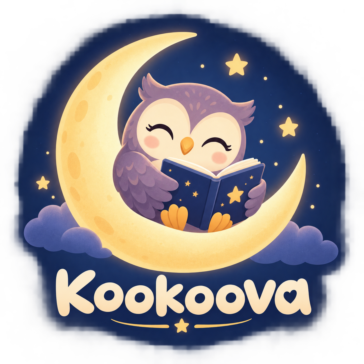 Kookoova owl reading on a crescent moon